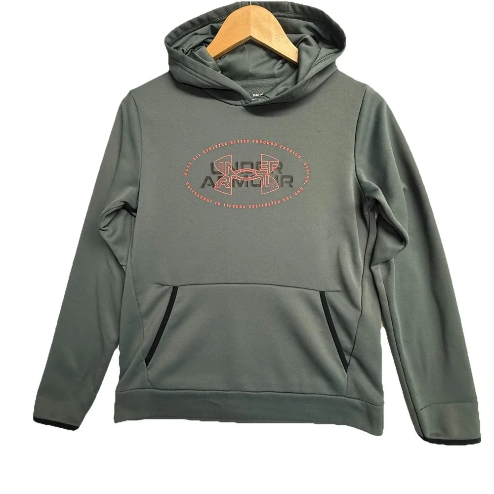 Youth Under Armour‎ ColdGear Hoodie Gray Pullover Athletic Sweatshirt YLG 17x22